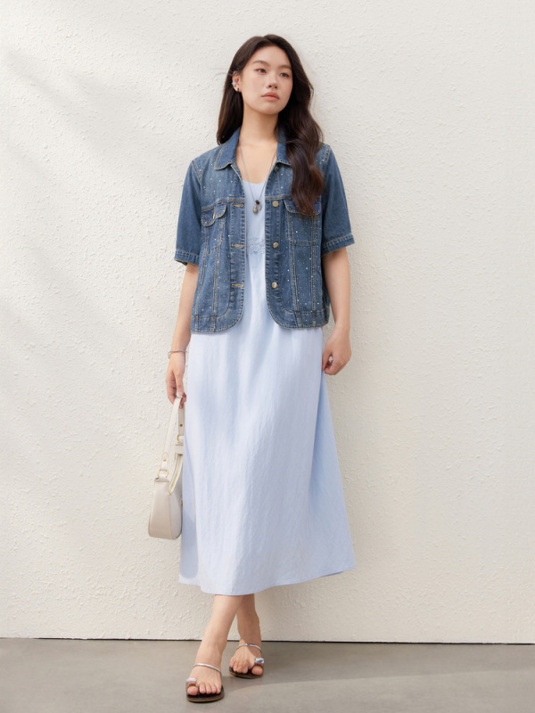 [Denim Starry Sky] アメリカンレトロヘビーデューティーホットダイヤモンドデニムジャケットスリムプラスサイズ女性服ファットmm夏の新スタイル|undefined