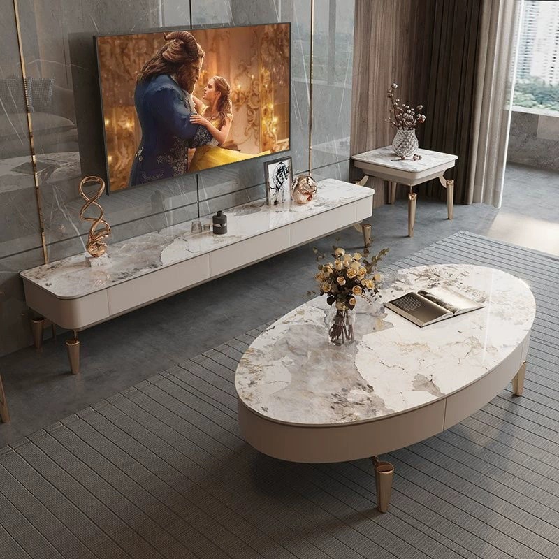 Modern Simple Small Apartment Light Luxury Slate Tv Cabinet Italian New High-End Oval Coffee Table Combination Furniture