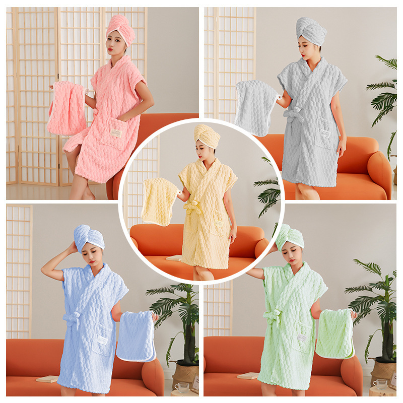 Bainard New Turtle Velvet Short-sleeved Cloud Bathrobe Dry Hair Hat suit Absorbent Hair-free Strap Bath Towel Embroidered