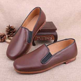 High-value old Beijing cloth shoes men's full cowhide retro spring and autumn tongue elastic leather shoes handmade casual Chinese style rest