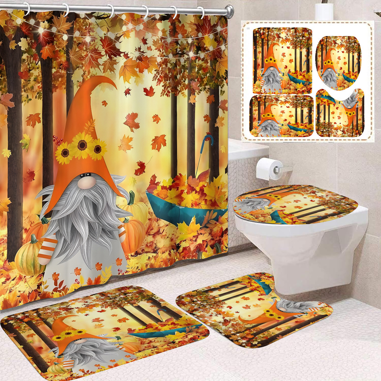 Cortina de ducha de Acción de Gracias, cosecha de otoño, serie de calabaza, cortina de ducha, cortina de baño, cortina de baño impermeable de poliéster, cortina de baño de cuatro piezas image 32