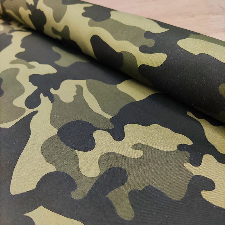 Nuevo al por mayor camuflaje impresión elástica algodón trill poliéster pantalones de camuflaje tela