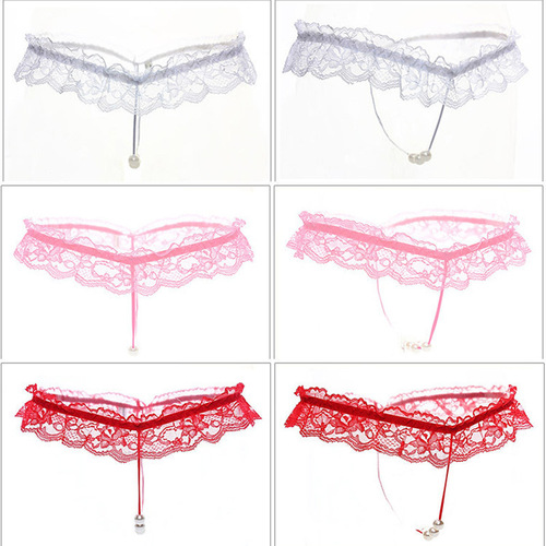Sexy exposed PP lace women's T-pants thong pearl panties massage sexy underwear open panties T see-through for women