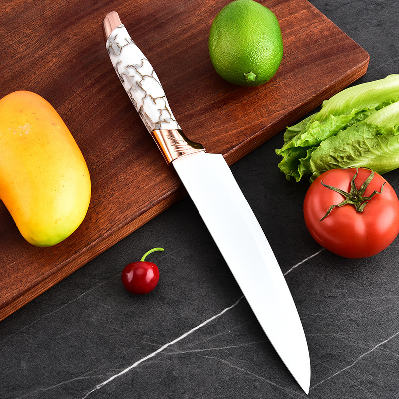 Cuchillos transfronterizos Cuchillos de cocina con cabezal de galvanoplastia doble Juego de siete piezas Base de cilindro de mármol Juego de cuchillos de chef