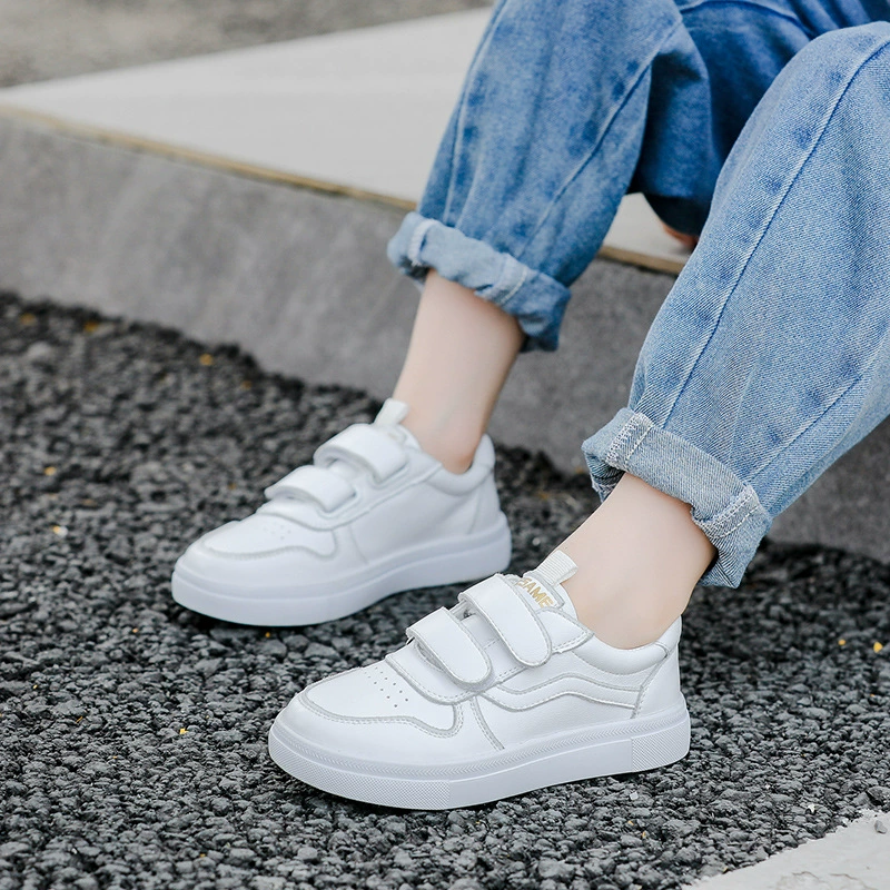 Детские кроссовки весна-осень 2025, повседневные белые кеды для мальчиков и девочек на липучке, дышащие, из коровьей кожи, оптом.