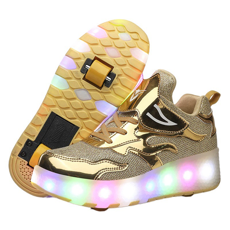 Трансграничные эксклюзивные кроссовки Светодиодные светящиеся кроссовки для мальчиков и девочек Спортивные четыре двойные колеса могут быть сокращены Amazon