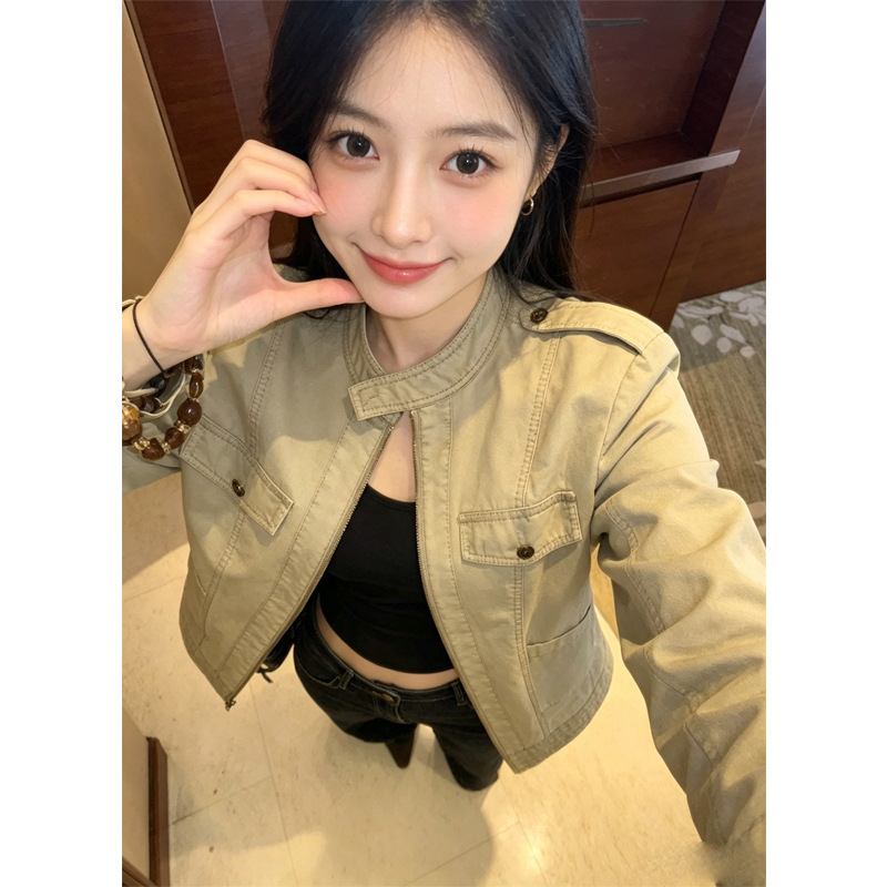American retro stand-up collar short jacket for women, 2026 autumn new slim-fit waist-cinching workwear biker jacket American retro stand-up collar short jacket for women, 2026 autumn new slim-fit waist-cinching workwear biker jacket