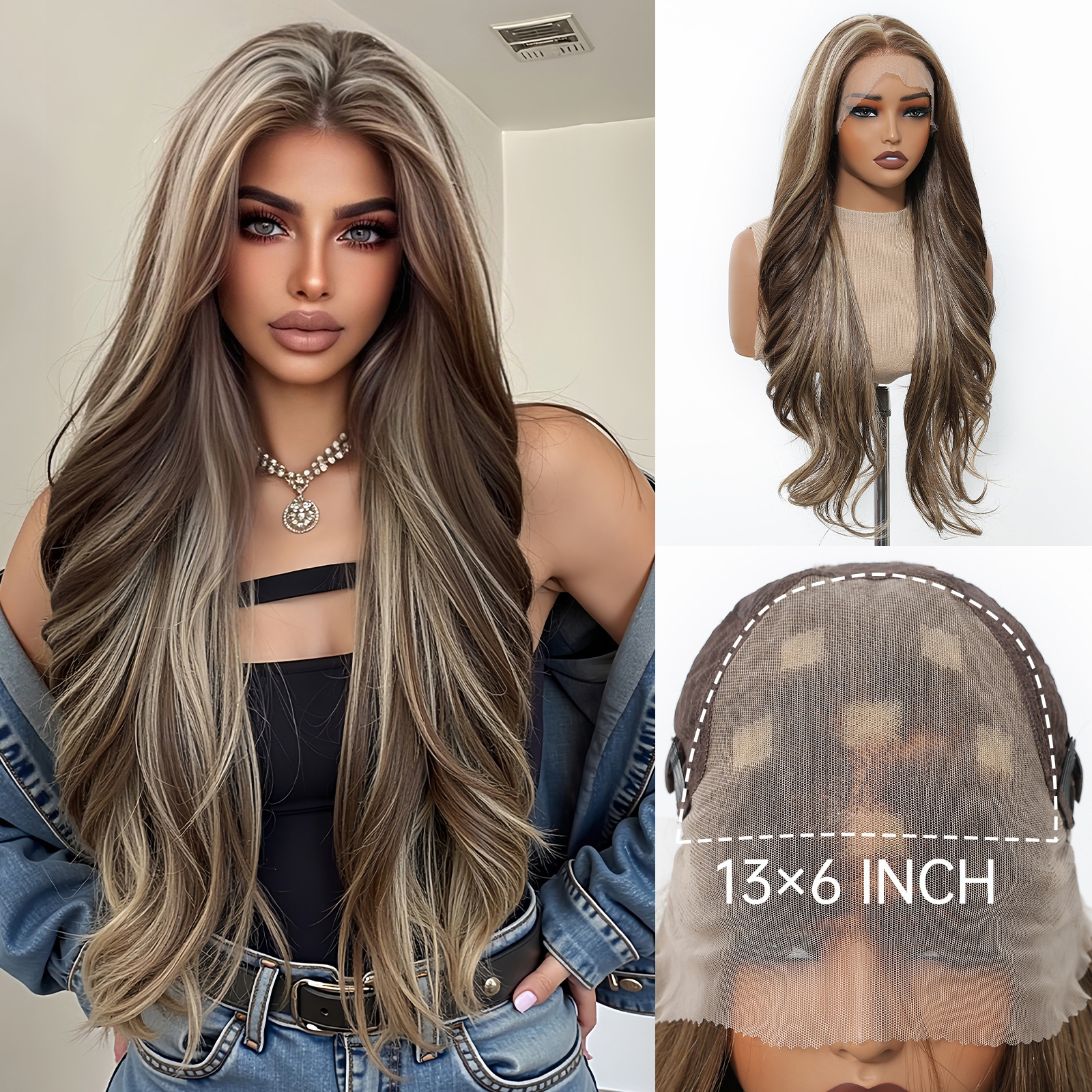 Peluca de encaje Futura de gran tamaño 13*6 para mujer, cabello largo y rizado en degradado marrón claro, peluca completa.