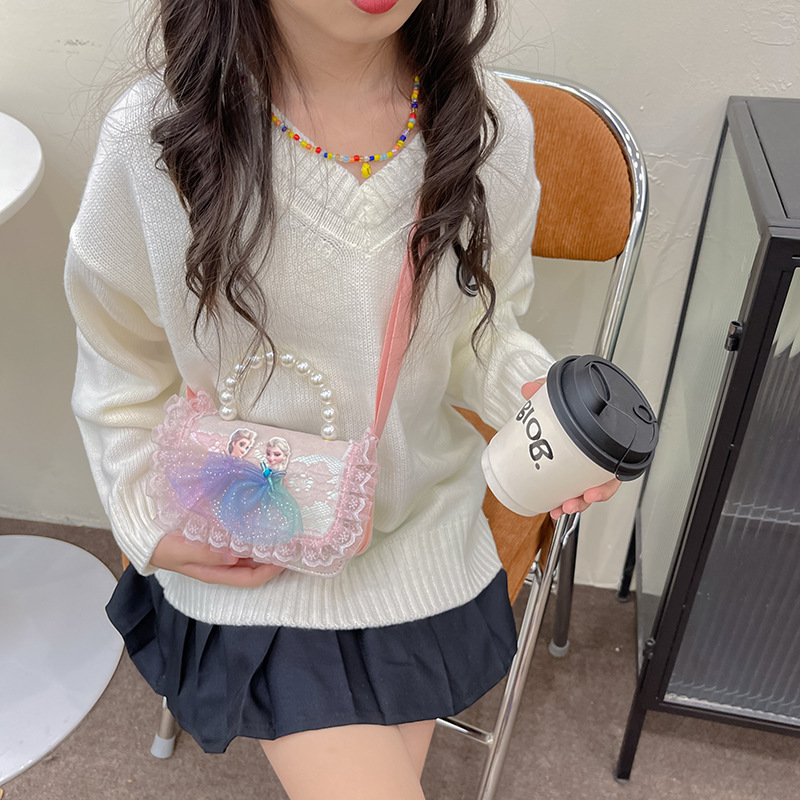 Bolsas para niños nuevas niñas bolsas de hombro lindas princesas bolsas de hombro de perlas de encaje bolsas de hombro al por mayor