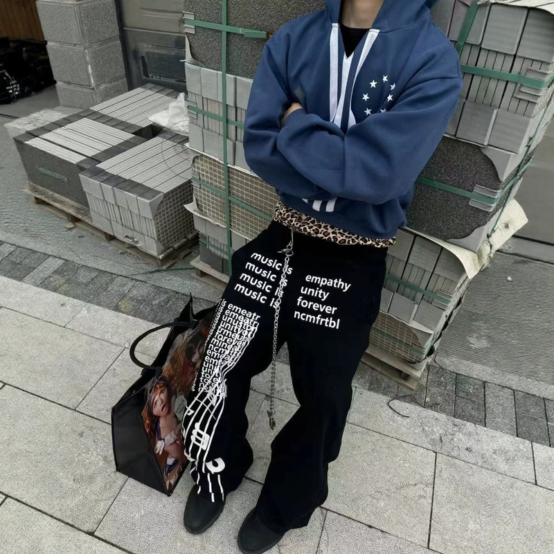 26Ss Light Asian Style Music Score Print Sports Sweatpants for Men, New Summer Y2K American Street Casual Lazy Long Pants