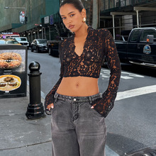51453娜扎达跨境女装ins新款网纱透视蕾丝露背性感绑带个性上衣女