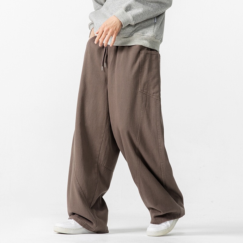 2025 Autumn and Winter New Men's Large Size Japanese Style Retro Workwear Splicing Casual Pants Wide-Leg Pants American Style Lace-Up Pants