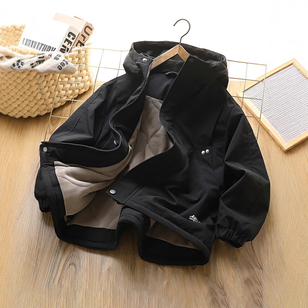 소년의 겨울 퀼트 충전 옷 2024 새로운 어린이 후드 밀도 벨벳 카디건 대형 어린이 발수 재킷