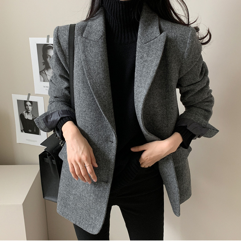 South Korea Chic Spring and Autumn New Retro Lasel Two Buckle Loose Long Sleeve Herringbone Woolen Suit Jacket for Women