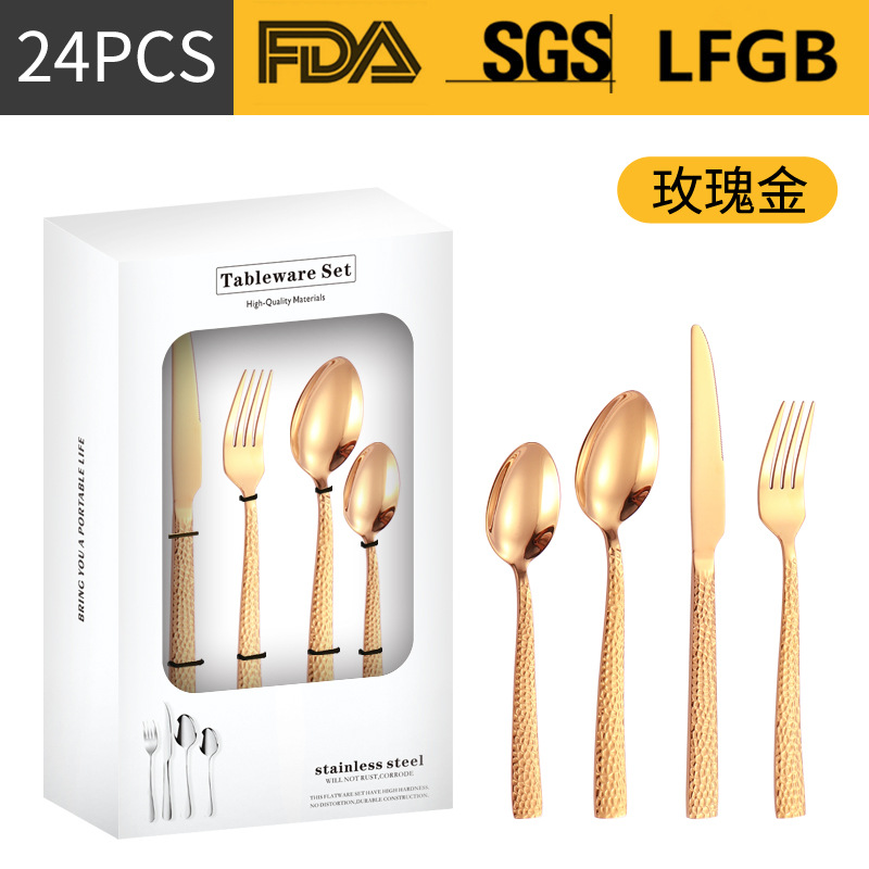 Productos de Amazon cubiertos de acero inoxidable 16 / 24 piezas con mango cuadrado engrosado cuchillo de filete cuchara de cuchillo de tenedor de agua cubo de comida occidental