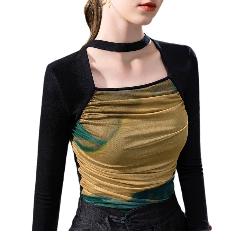 Cuello cuadrado camisa de fondo para mujeres 2023 europeo nuevo sexy Halter malla costura camiseta temperamento interior plisado superior image 6