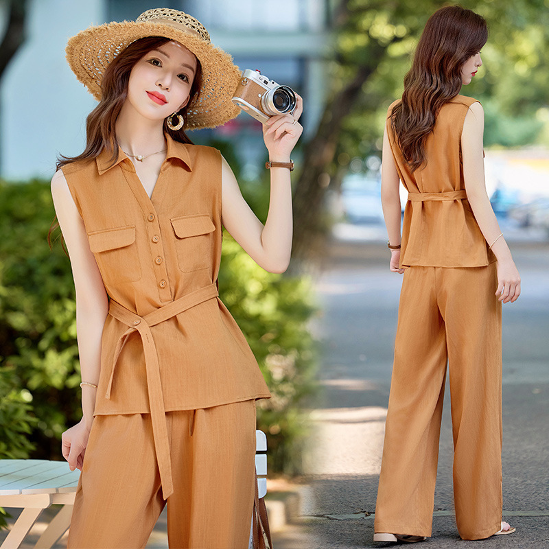 ラペルノースリーブトップワイドレッグパンツファッションスーツ女性のための 2025 夏の新しいスタイルのベストハイウエストパンツ気質ツーピースセット|undefined