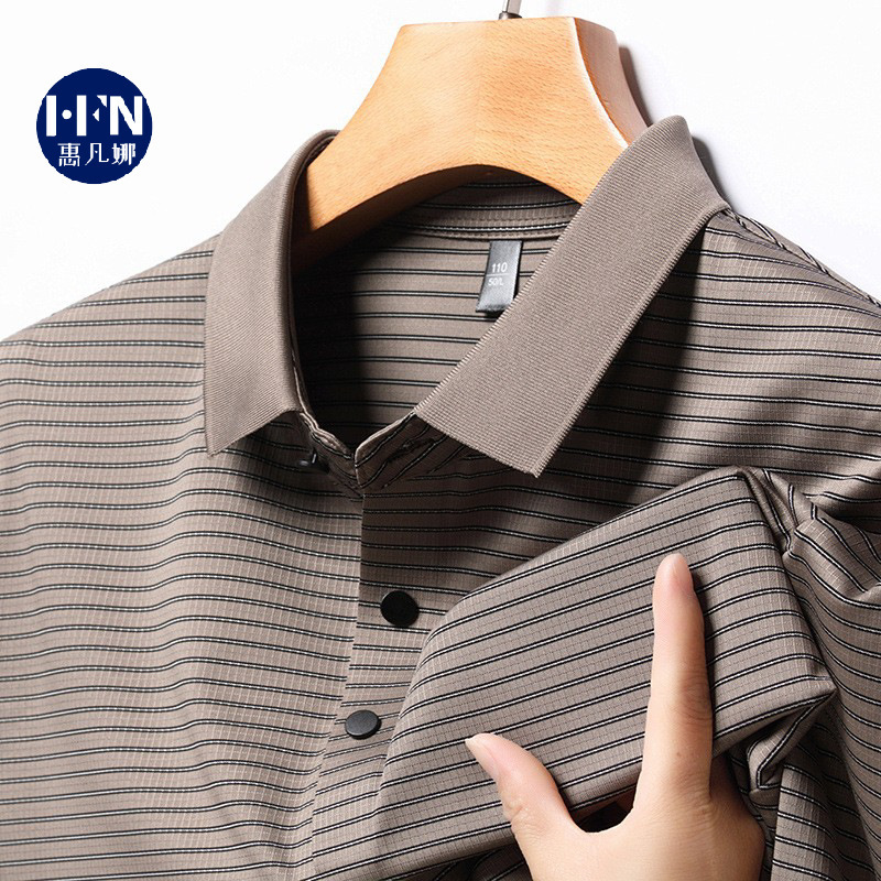 Summer Middle-aged and Elderly Men's Striped Short-sleeved Lapel T-shirt High-end Casual Business Men's T-shirt Leading Top Men's