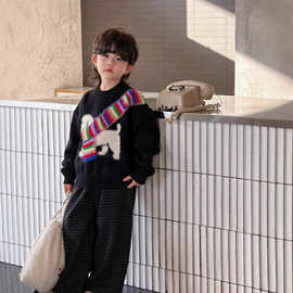 童装秋冬复古美式彩虹围巾圆领毛衣男女童国潮宽松休闲保暖针织衫