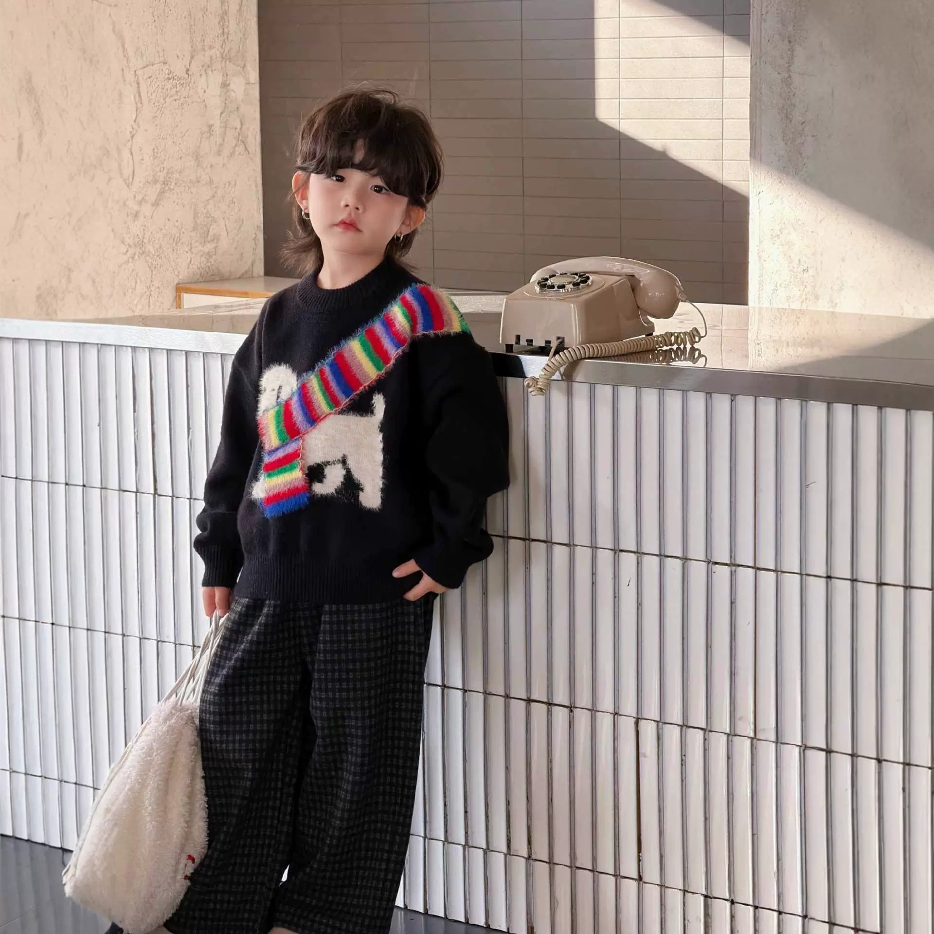 童装秋冬复古美式彩虹围巾圆领毛衣男女童国潮宽松休闲保暖针织衫