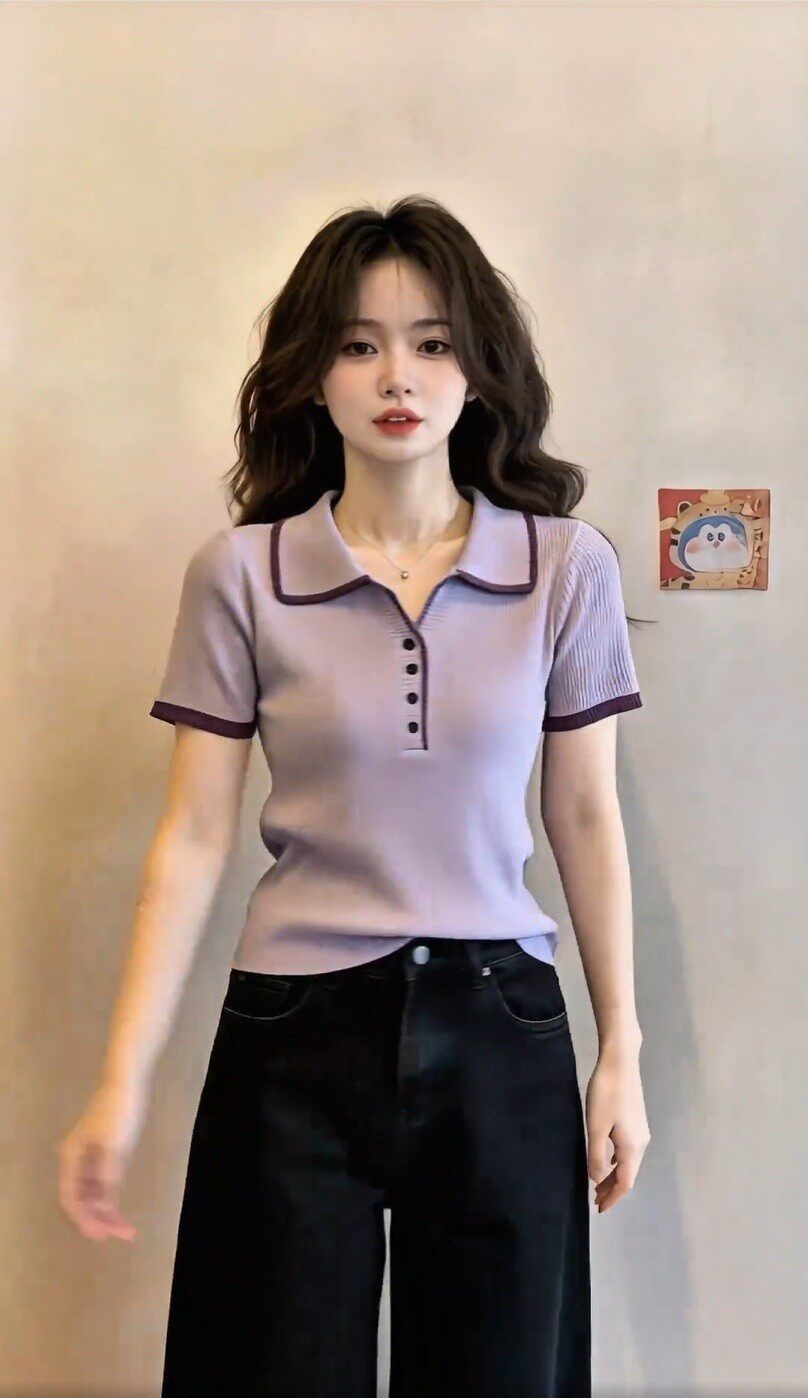 Áo thun polo nữ tay ngắn dệt kim phối màu vai thon gọn — màu tím chi tiết 5