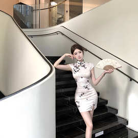 6510 跨境女装连衣裙新中式国风收腰显瘦盘口立领改良旗袍包臀裙