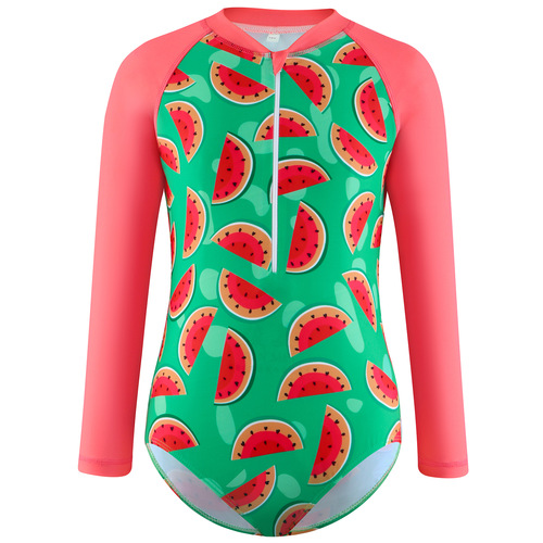 2024 New European and American Children's Swimsuit for Girls, One-piece Swimsuit with Floral and Watermelon Patterns, for Big Kids, Long-sleeved Sun-protective Swimwear