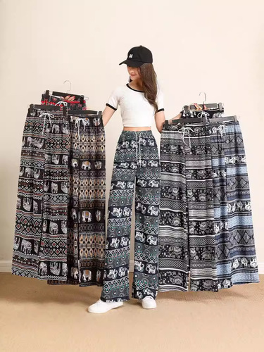 Elephant wide-leg pants are specially used for spring and summer. High-waist drag-down loose straight mop casual pants, Thai new style for women.
