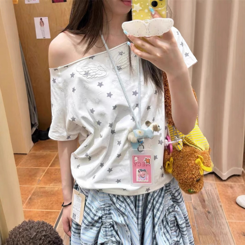 Sweet Hot Girl Pure Desire Star フルプリントオフショルダー Tシャツ女性用 2025 夏新作ニッチルーズオフショルダー半袖トップ|undefined