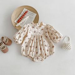 ins款2024春裝女寶寶碎花泡泡袖長袖連體三角哈衣爬服女童外出服