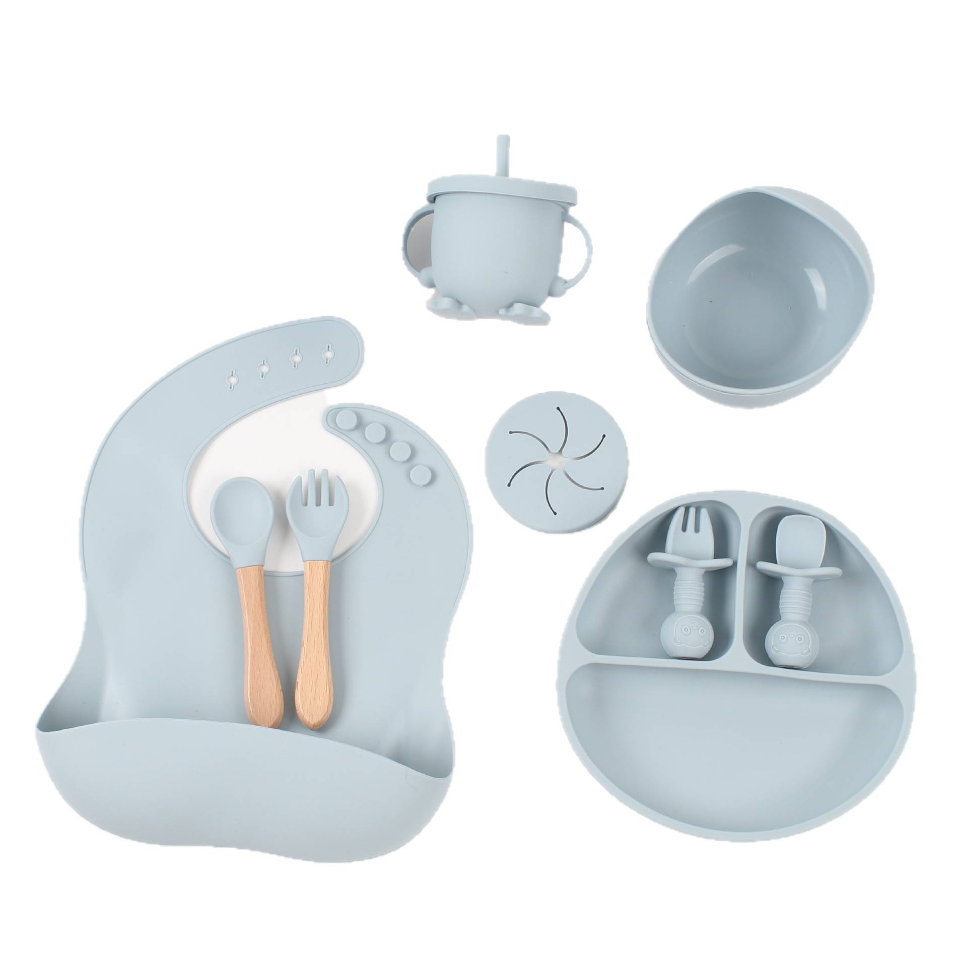 Vajilla de silicona de punto transfronterizo, tenedor, cuchara, taza para beber, suplemento alimenticio para niños, juego de 9 piezas, plato de ventosa, babero, plato de comedor, ventosa a prueba de caídas