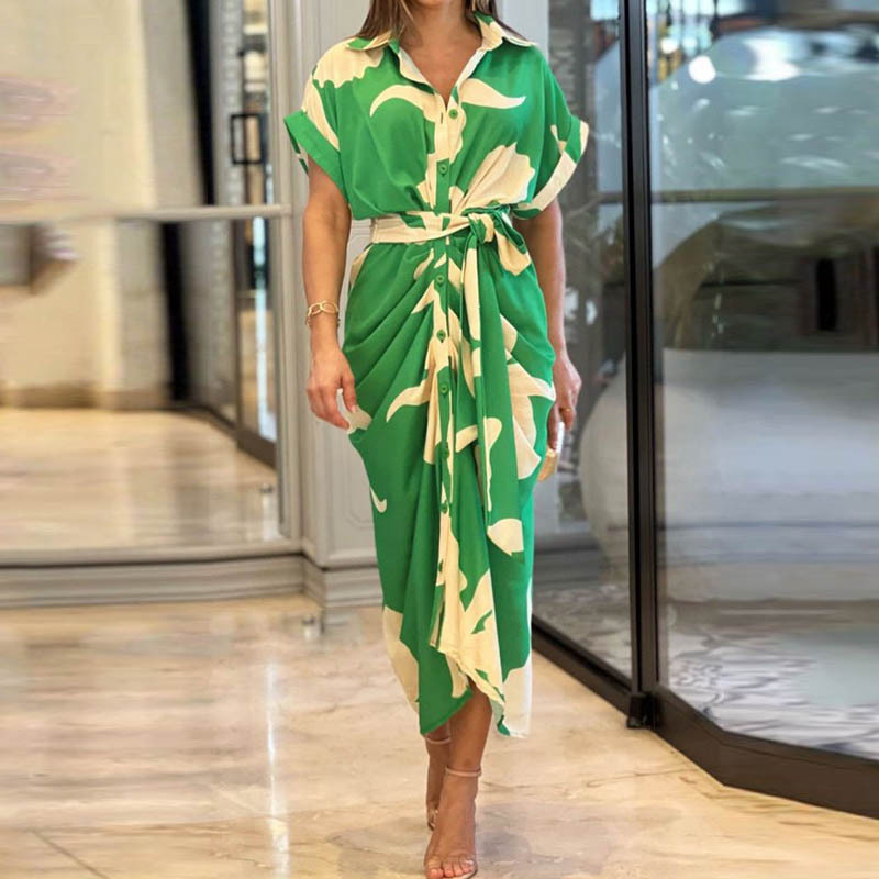 アマゾン2025欧米の婦人服の夏のストラップは腰の半袖の単列のボタンの純色のシャツの欧米のワンピースの女性を収めます。|undefined