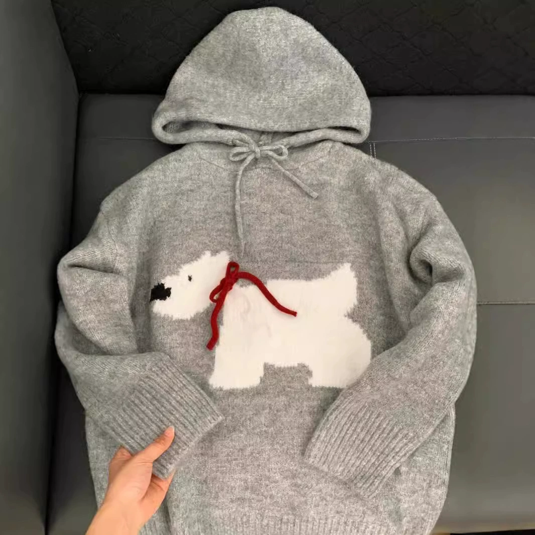 Knitted Hooded Sweater, Teen Unisex, Demi-Season Gray, One Size, Dog Motif