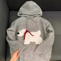 Knitted Hooded Sweater, Teen Unisex, Demi-Season Gray, One Size, Dog Motif
