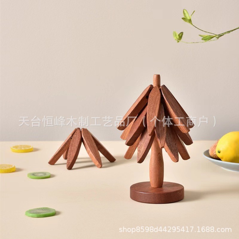 胡桃色木质创意一棵树隔热垫圣诞树实木隔热餐桌垫家用杯垫砂锅垫|undefined