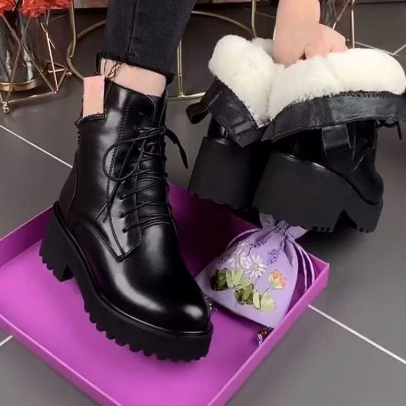 Foreign Trade Cross-Border Soft Leather Snow Boots for Women in Winter, Fur Integrated Fleece-Lined Warm Boots, Thick-Soled Non-Slip Cotton Leather Shoes