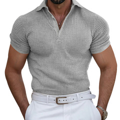 欧米insクロスボーダー高級ワッフルポロシャツ男性tシャツシャツ襟夏純色新重量ポンド半袖