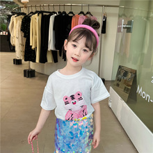 贝贝由乐韩国童装2024女童夏季新款卡通粉老虎圆领儿童短袖T恤