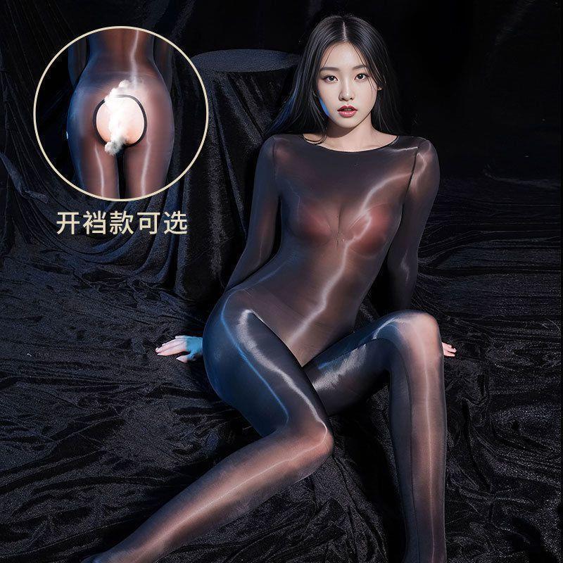 Nine-Point Full-Body Oily Stockings Jumpsuit, Ultra-Thin Silky Transparent One-Piece Open-Crotch Yoga Suit, Sexy Inner Wear Without Taking Off