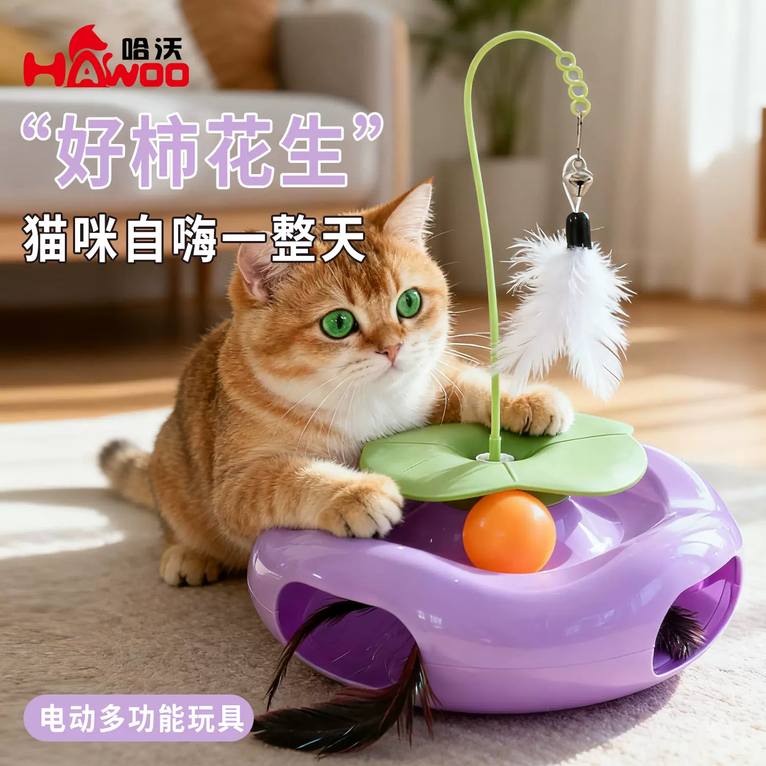 好柿花生电动猫玩具自动旋转羽毛轨道球逗猫游乐盘猫咪自嗨玩具