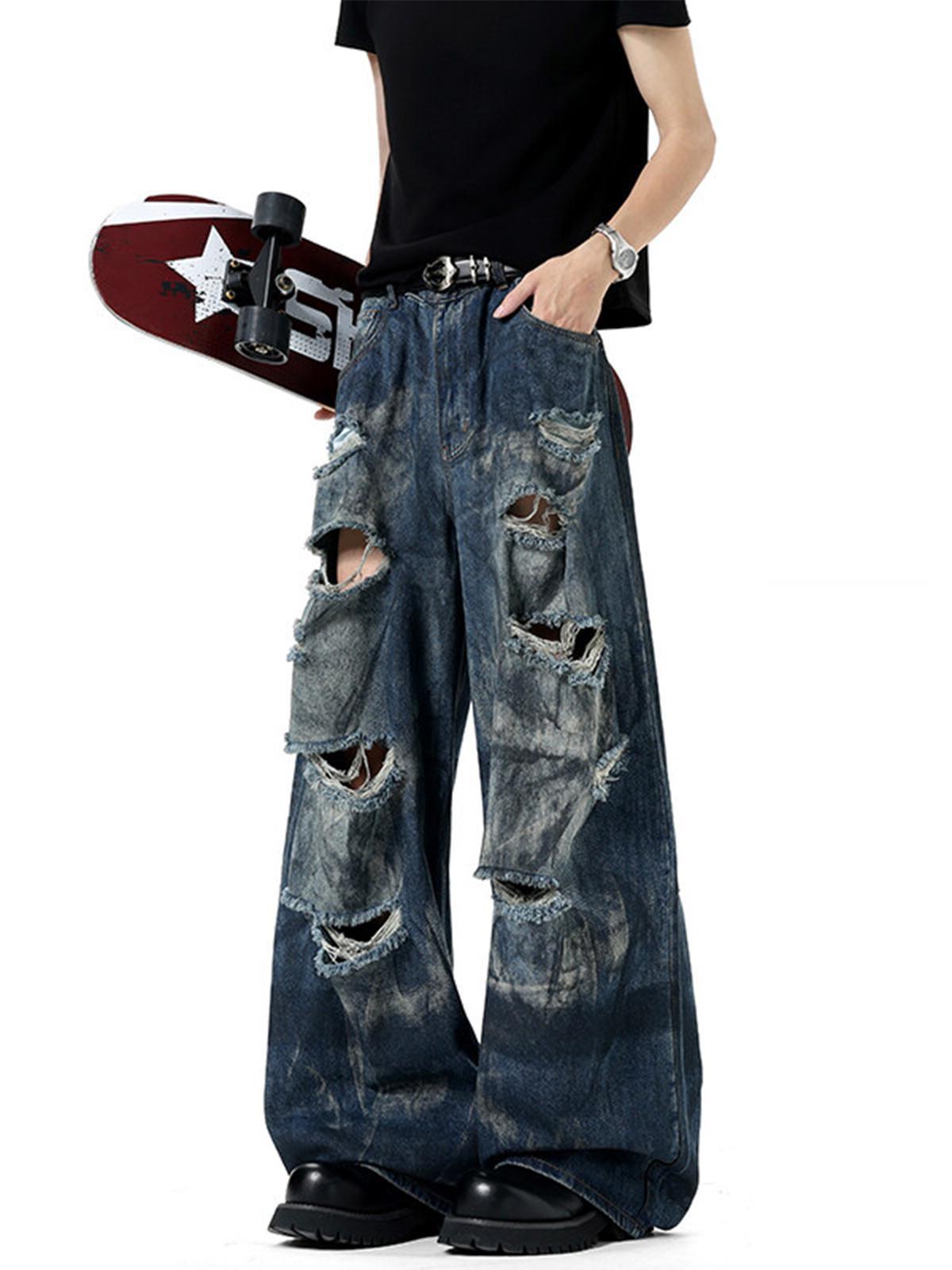 脏染破洞牛仔裤男直筒宽松阔腿美式高街裤子潮牌痞帅乞丐设计长裤