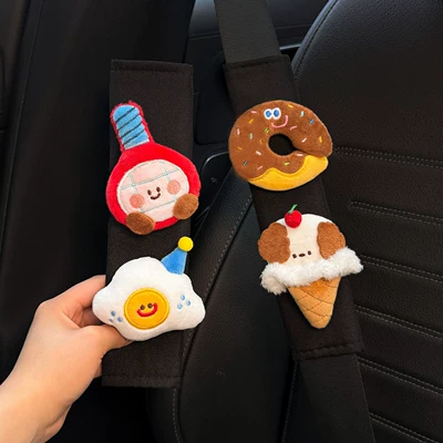 2026 New Car Seatbelt Seat belt shoulder pad - red-tennis-racket-blue-hat-and-white-poached-egg-brown-chocolate-donut-milk-coffee-puppy-ice-cream-2-black-shoulder-pads