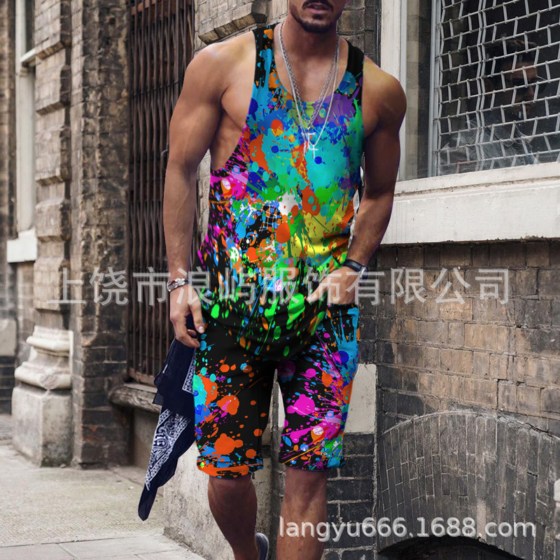 2022 European and American Men's Fashion Series: Amazon Colorful Hip-Hop Print Sleeveless Top + Shorts Set