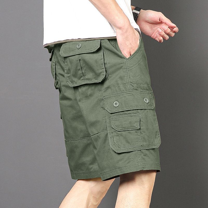 Plus tamaño pantalones medios pantalones cortos casuales de verano multi-bolsillo de los hombres sueltos rectos pantalones cortos de algodón lavado