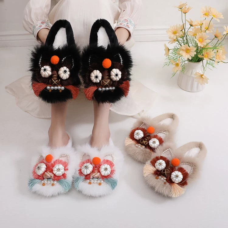 2024 зимние новые туфли с тигровой головой национальный ветер туфли ручной работы с толстой подошвы плюс пушистые тапки национальный стиль женские туфли