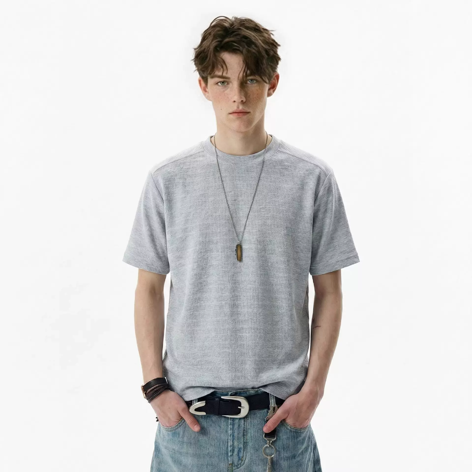 易盛易 夏季男装静奢肌理混纺基础款提花修身纯色圆领针织短袖T恤