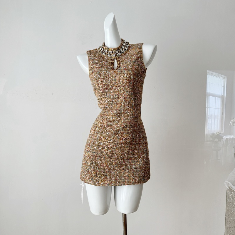High-End Chanel-Style Dress for Women with Heavy Beading and Rhinestone Embellishments, Round Neck, Halter Neck, Sleeveless, Waist-Cinching, Tweed A-Line Dress