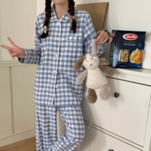 全棉无印风磨毛家居服情侣秋冬同款无侧缝工艺睡衣家居服套装天蓝