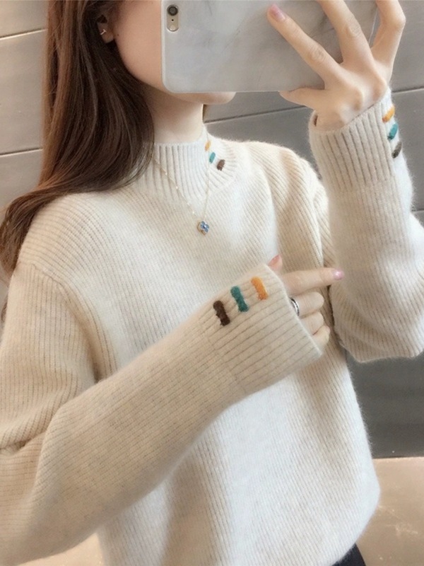 半高领毛衣女秋冬2025年新款秋冬季韩版慵懒风纯色绣花针织打底衫|undefined