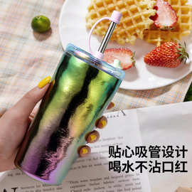 创意高颜值双层水杯 大容量520ml无边框镭射粉吸管杯女生办公杯子